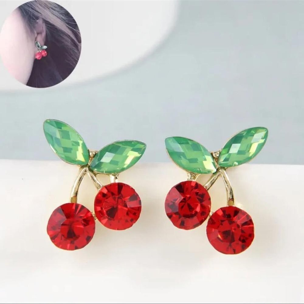 NEW Cherry Rhinestone Stud Earrings Novelty Sparkle